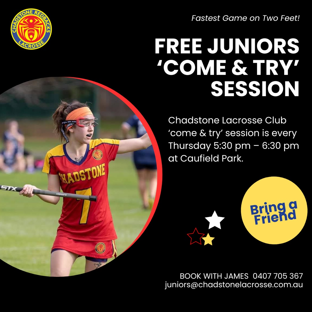 Free juniors come and try lacrosse — bring a friend, every Thursday at Caulfield Park
