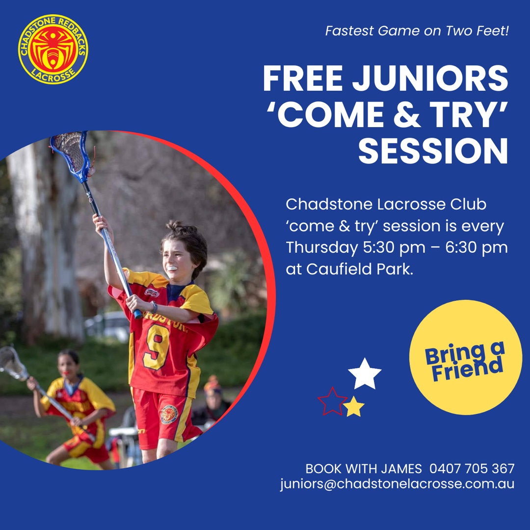 Free juniors come and try lacrosse session — every Thursday 5:30–6:30pm